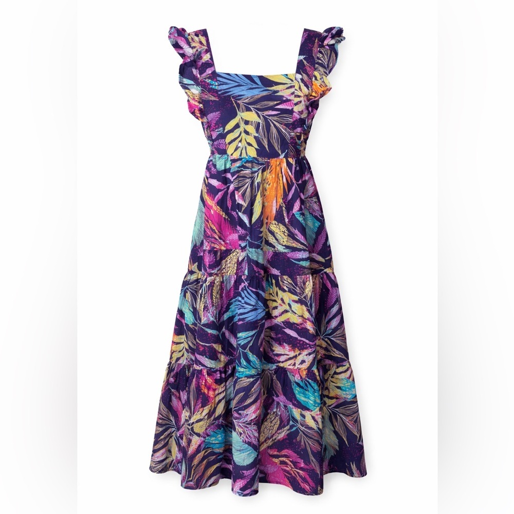 BeachLunchLounge Tropical Leaf Ruffle Strap Tie Back Sundress Boho M Cotton